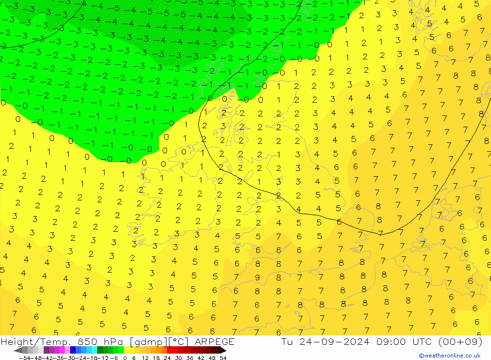 Yükseklik/Sıc. 850 hPa ARPEGE Sa 24.09.2024 09 UTC