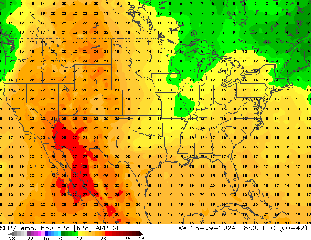 SLP/Temp. 850 hPa ARPEGE Qua 25.09.2024 18 UTC