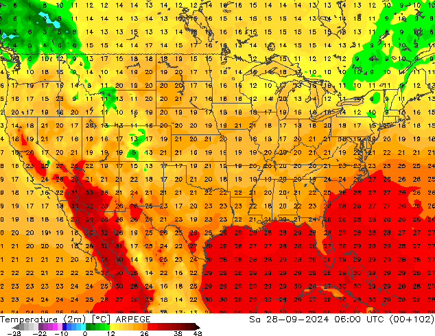 température (2m) ARPEGE sam 28.09.2024 06 UTC