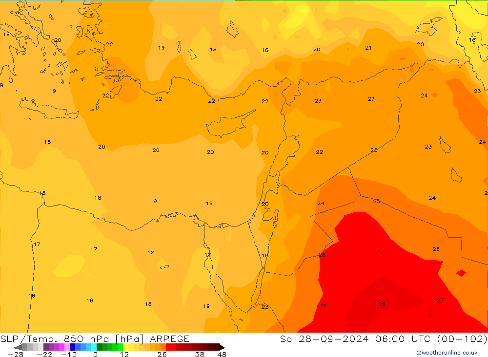 SLP/Temp. 850 hPa ARPEGE Sa 28.09.2024 06 UTC