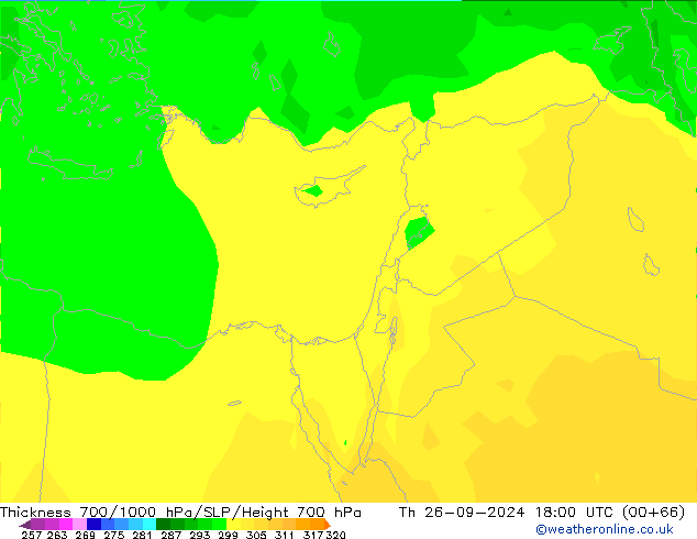 Thck 700-1000 hPa ARPEGE czw. 26.09.2024 18 UTC