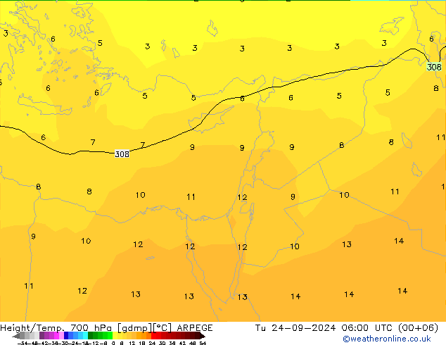 Yükseklik/Sıc. 700 hPa ARPEGE Sa 24.09.2024 06 UTC