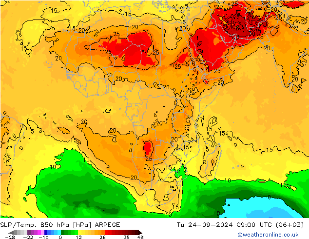 850 hPa Yer Bas./Sıc ARPEGE Sa 24.09.2024 09 UTC