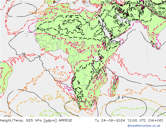 Height/Temp. 925 hPa ARPEGE Út 24.09.2024 12 UTC