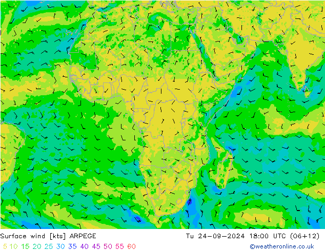 wiatr 10 m ARPEGE wto. 24.09.2024 18 UTC