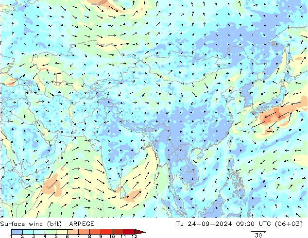 Surface wind (bft) ARPEGE Tu 24.09.2024 09 UTC