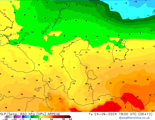 SLP/Temp. 850 hPa ARPEGE mar 24.09.2024 18 UTC