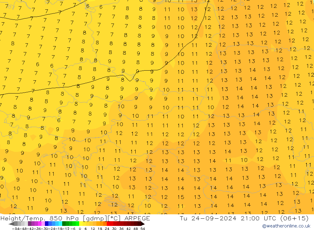 Géop./Temp. 850 hPa ARPEGE mar 24.09.2024 21 UTC