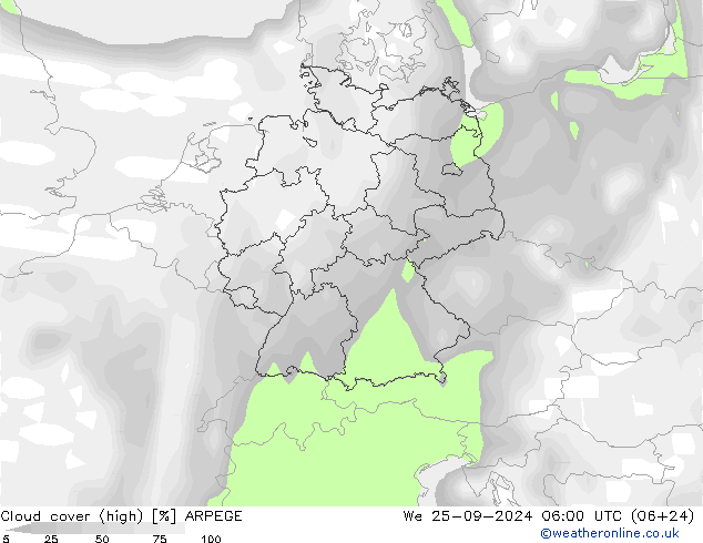 Nuages (élevé) ARPEGE mer 25.09.2024 06 UTC