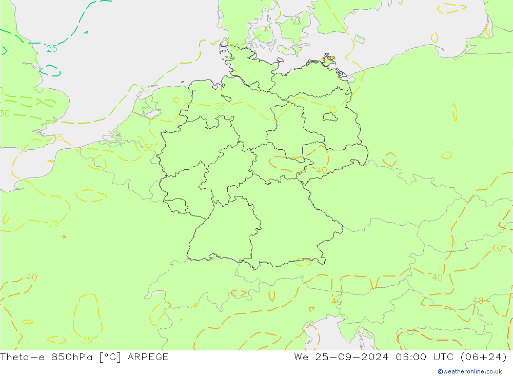 Theta-e 850hPa ARPEGE mer 25.09.2024 06 UTC