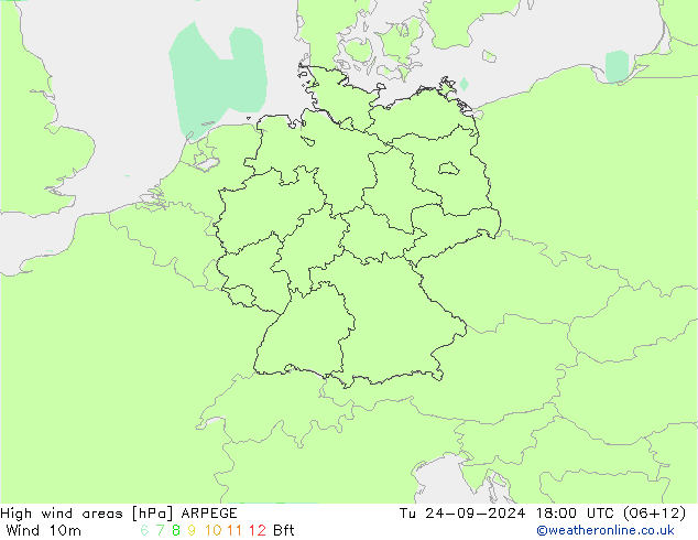 High wind areas ARPEGE вт 24.09.2024 18 UTC