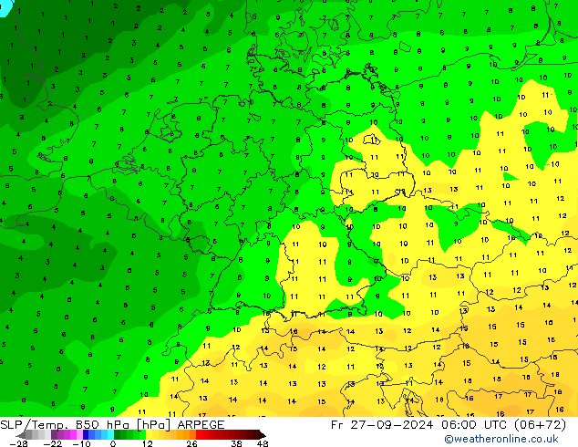 SLP/Temp. 850 hPa ARPEGE Sex 27.09.2024 06 UTC