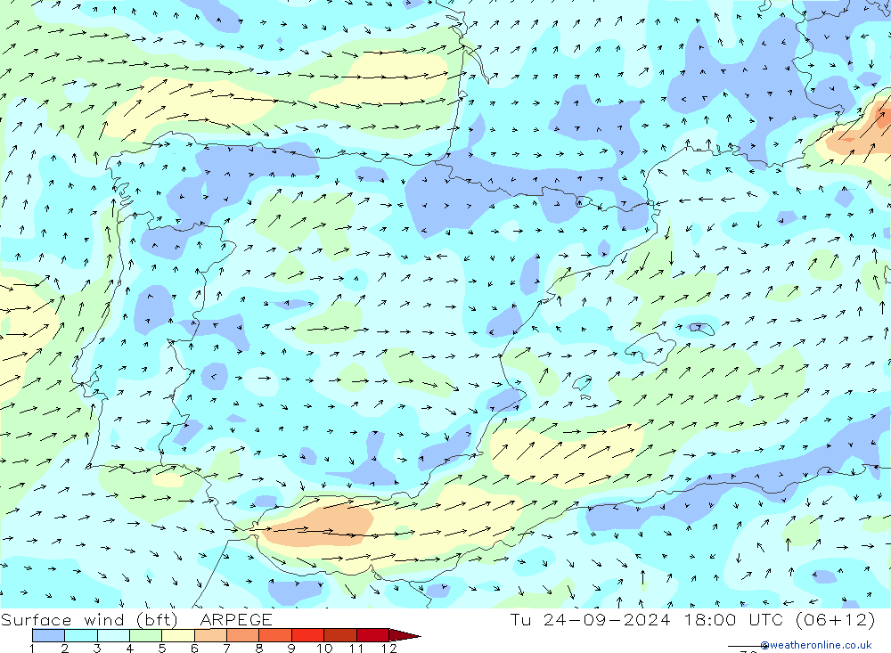 Viento 10 m (bft) ARPEGE mar 24.09.2024 18 UTC