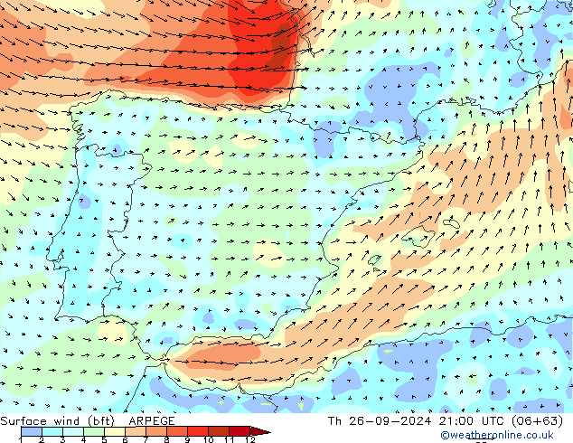 wiatr 10 m (bft) ARPEGE czw. 26.09.2024 21 UTC