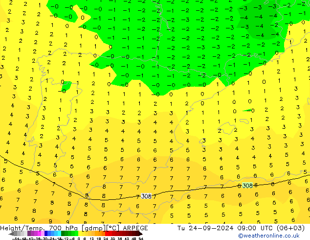 Yükseklik/Sıc. 700 hPa ARPEGE Sa 24.09.2024 09 UTC