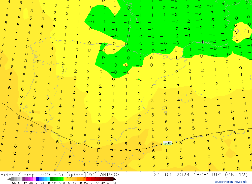 Height/Temp. 700 hPa ARPEGE Tu 24.09.2024 18 UTC