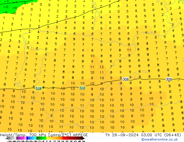 Height/Temp. 700 hPa ARPEGE czw. 26.09.2024 03 UTC