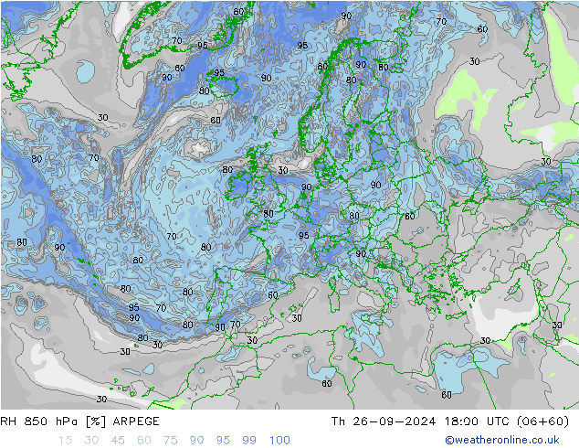 RH 850 hPa ARPEGE Th 26.09.2024 18 UTC