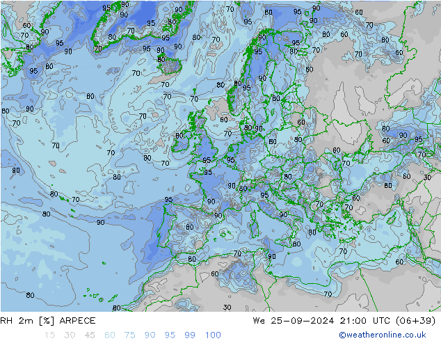 RH 2m ARPEGE ср 25.09.2024 21 UTC