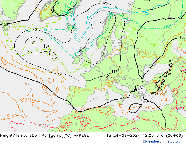 Height/Temp. 850 гПа ARPEGE вт 24.09.2024 12 UTC