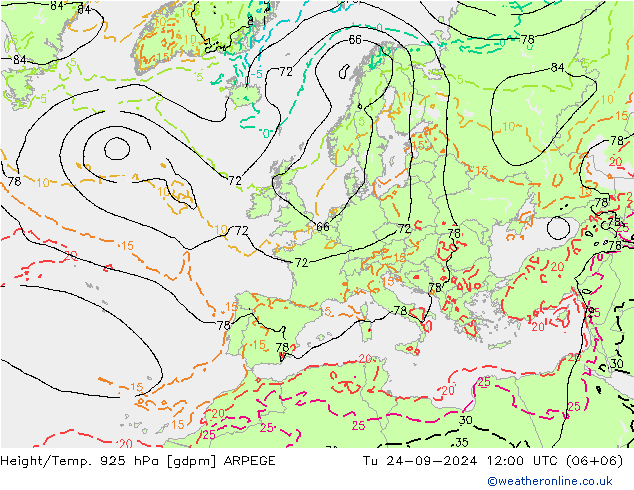 Height/Temp. 925 hPa ARPEGE 星期二 24.09.2024 12 UTC