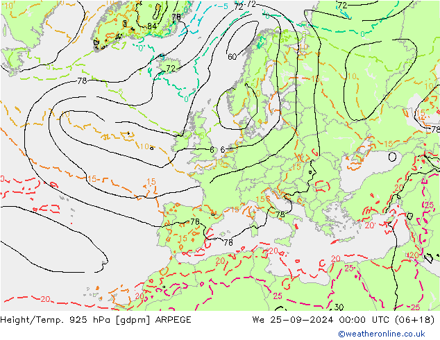 Height/Temp. 925 hPa ARPEGE mer 25.09.2024 00 UTC