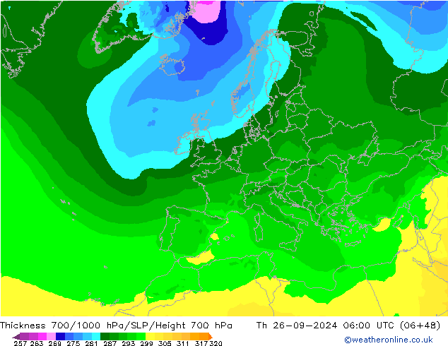 700-1000 hPa Kalınlığı ARPEGE Per 26.09.2024 06 UTC