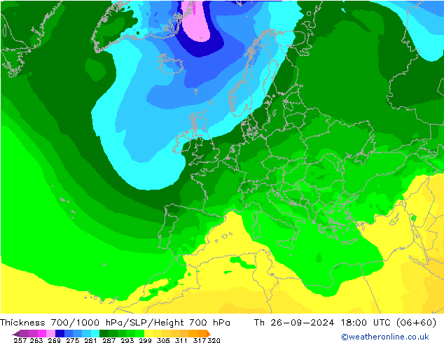 Thck 700-1000 hPa ARPEGE czw. 26.09.2024 18 UTC