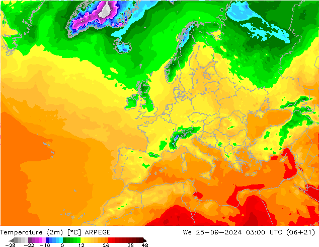 Temperatuurkaart (2m) ARPEGE wo 25.09.2024 03 UTC