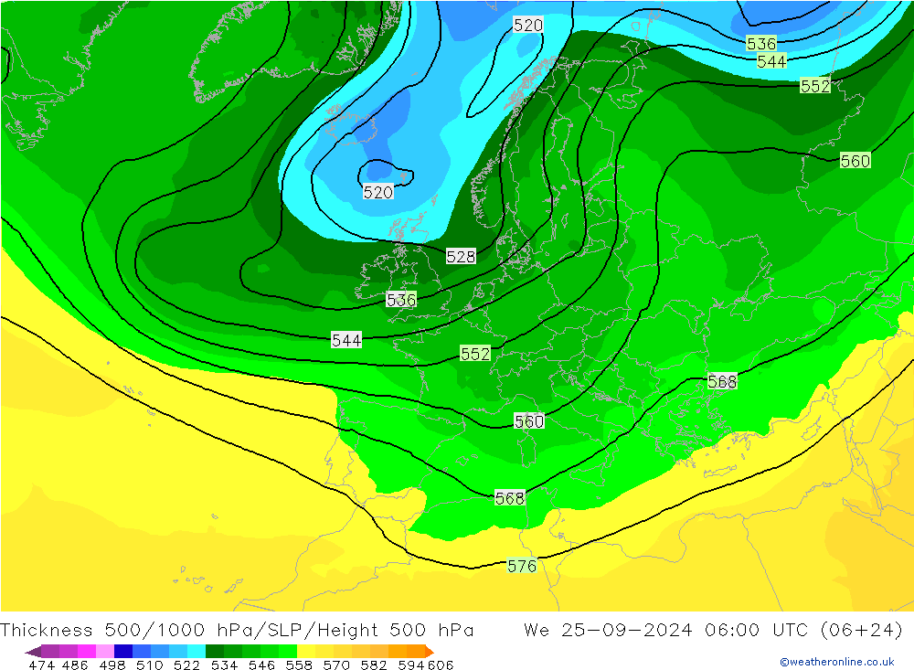 Thck 500-1000hPa ARPEGE We 25.09.2024 06 UTC