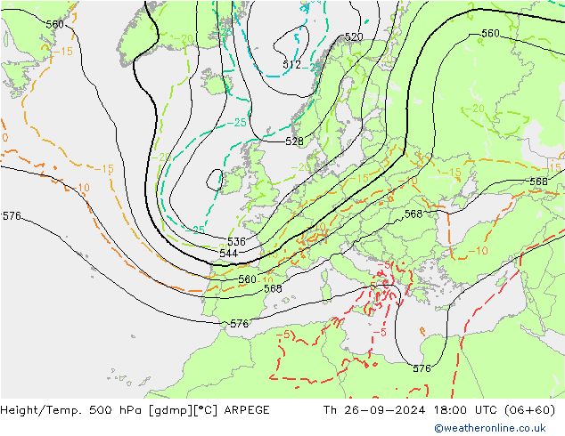 Height/Temp. 500 hPa ARPEGE czw. 26.09.2024 18 UTC