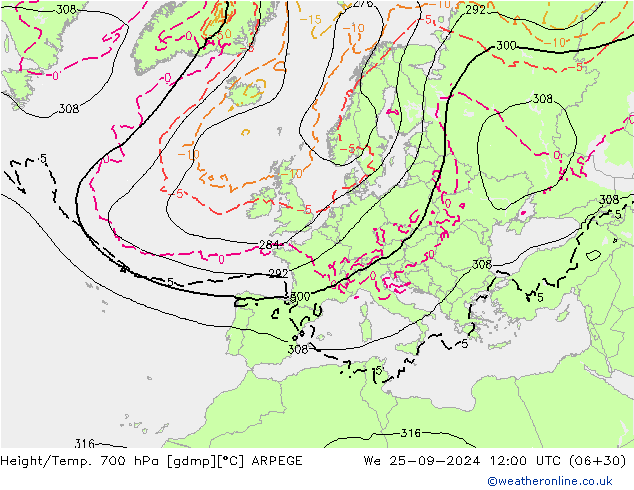 Height/Temp. 700 hPa ARPEGE We 25.09.2024 12 UTC