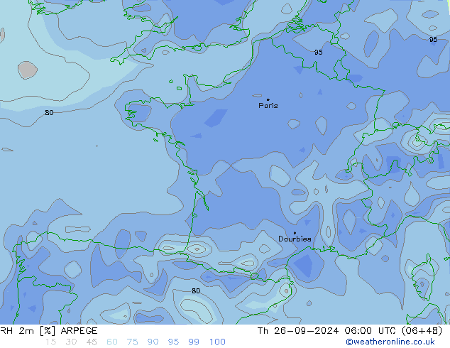 Humedad rel. 2m ARPEGE jue 26.09.2024 06 UTC