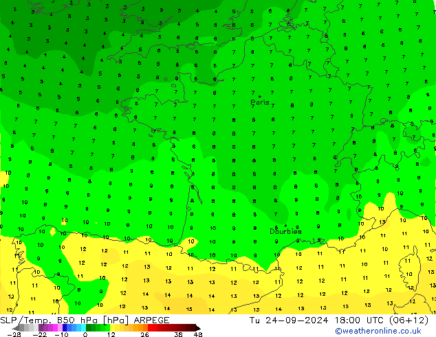 SLP/Temp. 850 hPa ARPEGE wto. 24.09.2024 18 UTC