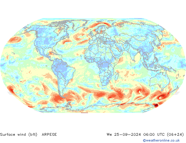 Surface wind (bft) ARPEGE We 25.09.2024 06 UTC