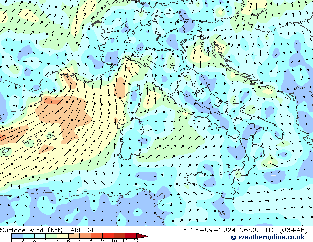 Surface wind (bft) ARPEGE Th 26.09.2024 06 UTC