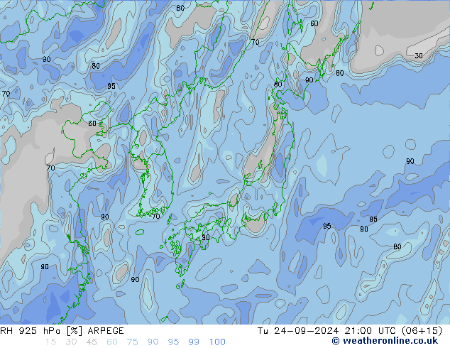 RH 925 hPa ARPEGE Tu 24.09.2024 21 UTC