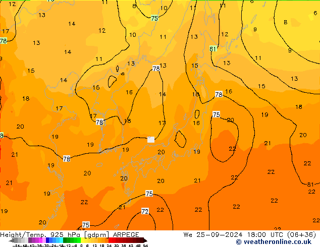 Height/Temp. 925 hPa ARPEGE We 25.09.2024 18 UTC