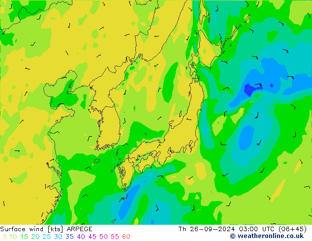 Surface wind ARPEGE Th 26.09.2024 03 UTC