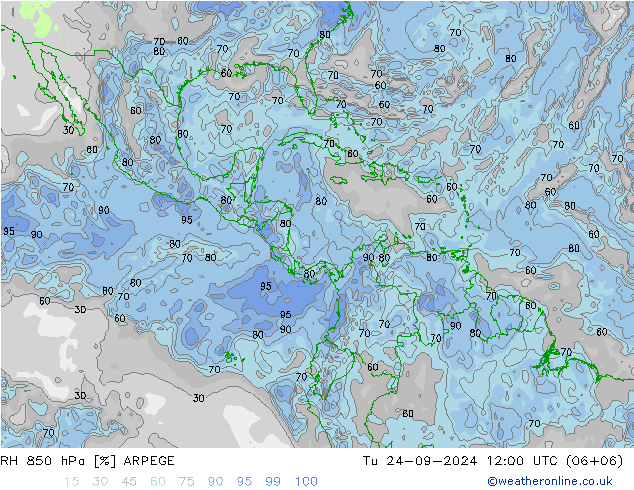 RH 850 hPa ARPEGE Ter 24.09.2024 12 UTC