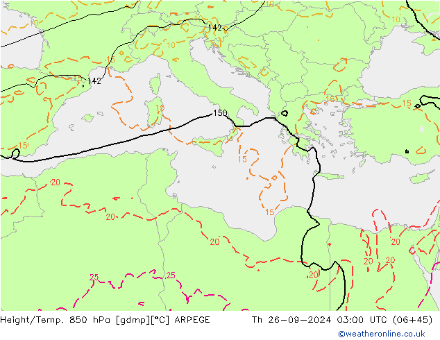 Height/Temp. 850 hPa ARPEGE Čt 26.09.2024 03 UTC