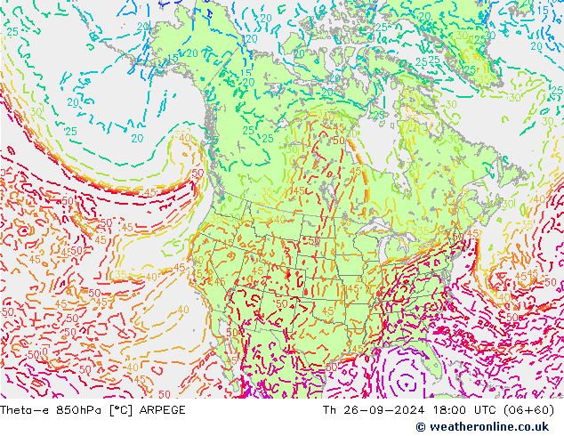 Theta-e 850hPa ARPEGE Per 26.09.2024 18 UTC