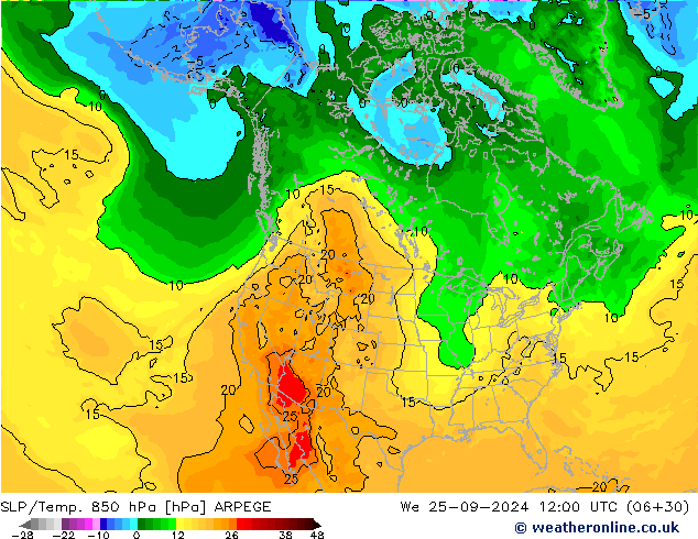 SLP/Temp. 850 hPa ARPEGE We 25.09.2024 12 UTC