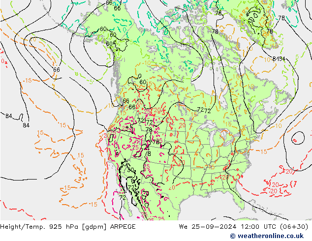 Yükseklik/Sıc. 925 hPa ARPEGE Çar 25.09.2024 12 UTC