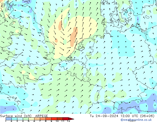 Surface wind (bft) ARPEGE Tu 24.09.2024 12 UTC