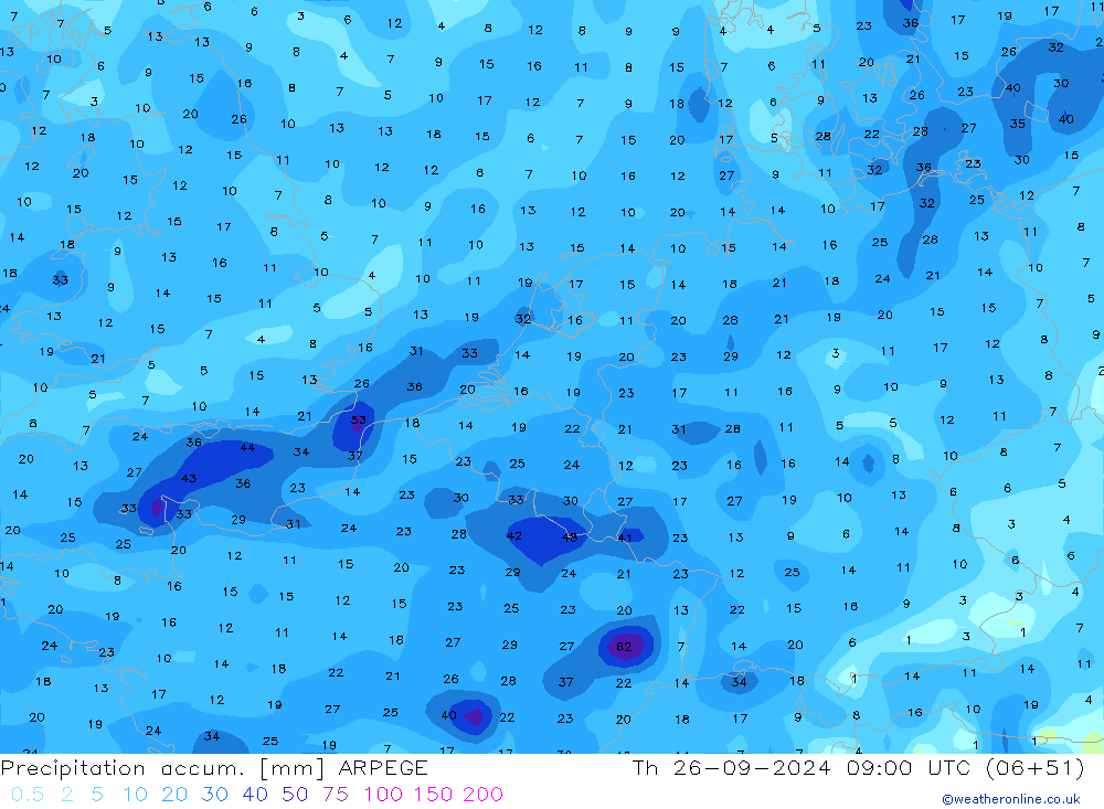 Precipitation accum. ARPEGE Th 26.09.2024 09 UTC