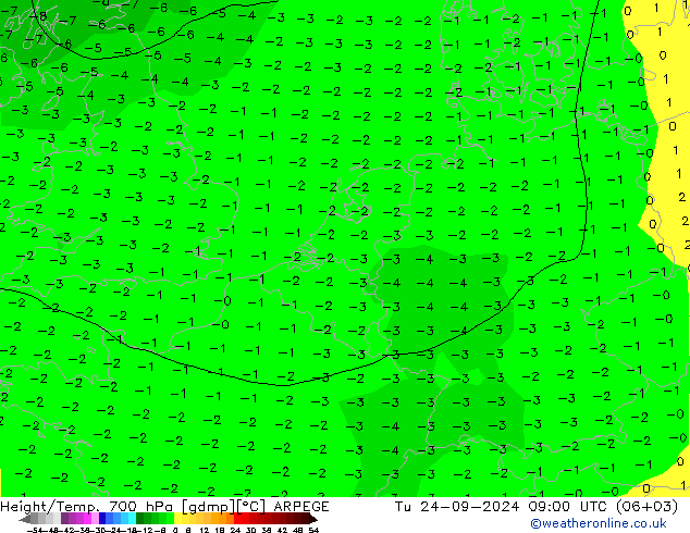 Height/Temp. 700 hPa ARPEGE Tu 24.09.2024 09 UTC