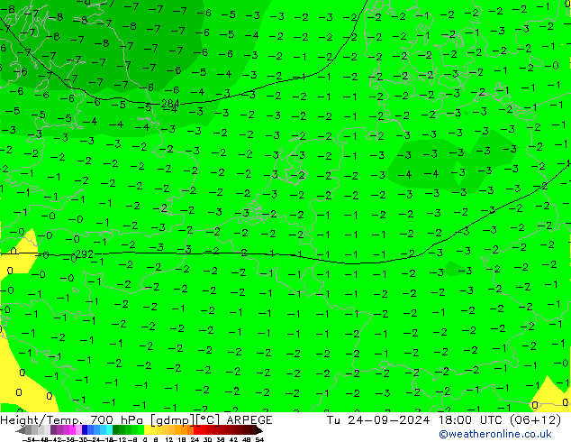 Height/Temp. 700 hPa ARPEGE wto. 24.09.2024 18 UTC