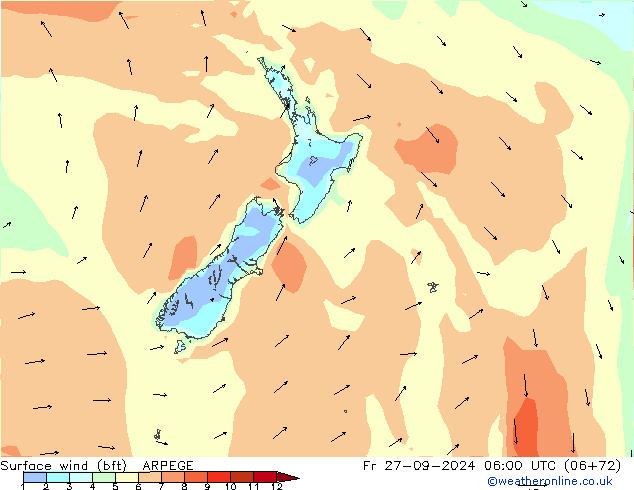 Surface wind (bft) ARPEGE Fr 27.09.2024 06 UTC