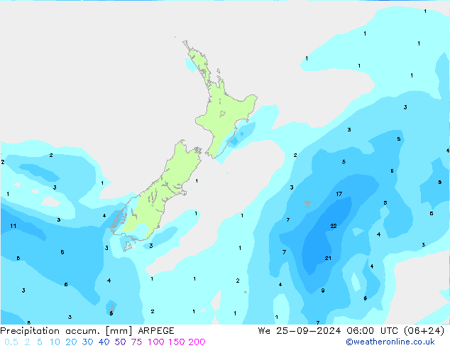 Precipitación acum. ARPEGE mié 25.09.2024 06 UTC